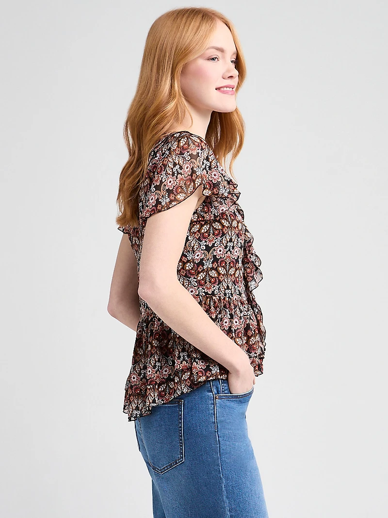 Short Flutter Sleeve Blouse Boho Ditsy