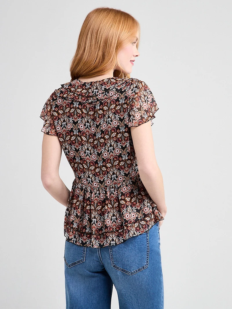 Short Flutter Sleeve Blouse Boho Ditsy