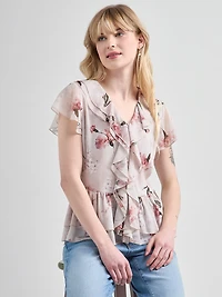 Short Flutter Sleeve Blouse Boho Floral