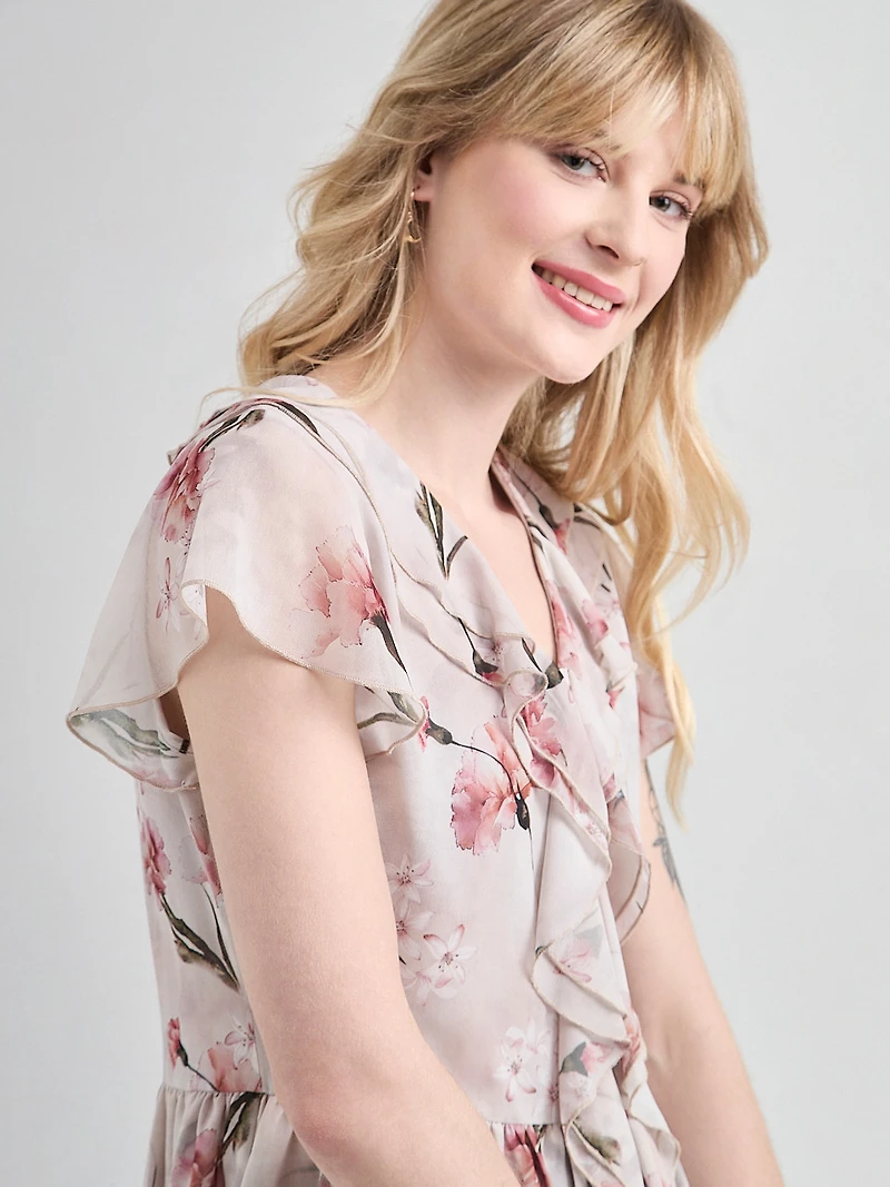 Short Flutter Sleeve Blouse Boho Floral