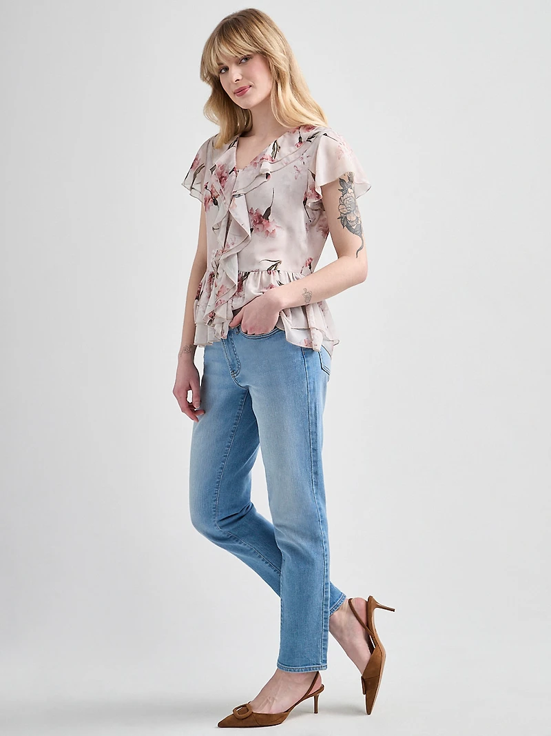 Short Flutter Sleeve Blouse Boho Floral