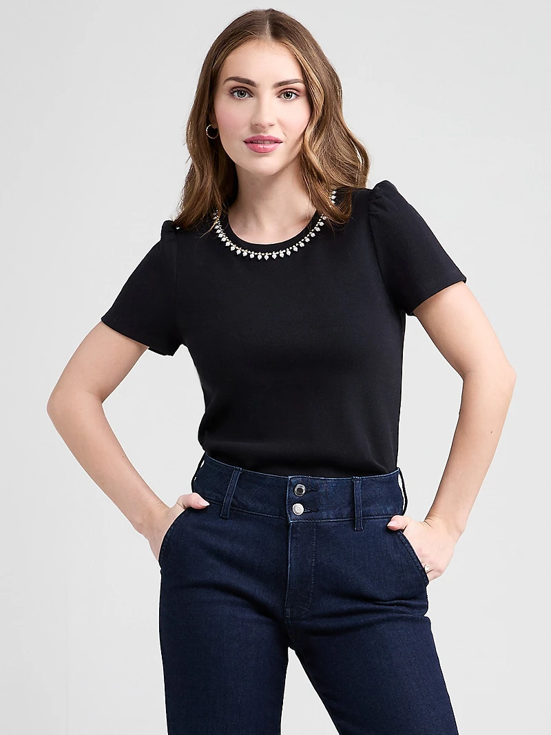 Short Sleeve T-Shirt with Pearl Detail