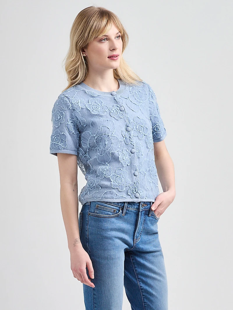 Short Sleeve Woven Overlay Cardigan Sweater