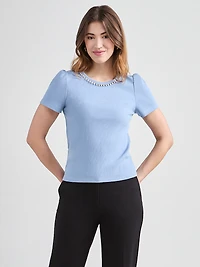 Short-Sleeved T-Shirt with Pearl Detail