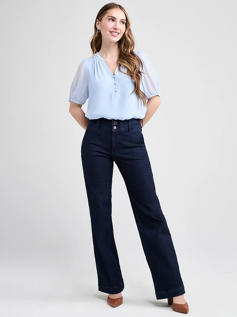 Stacey Short Sleeve Blouse with Button Detail Blue
