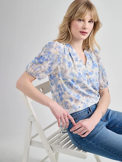 Stacey Short Sleeve Blouse with Button Detail Blue Floral