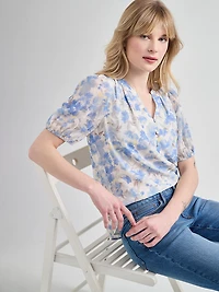 Stacey Short Sleeve Blouse with Button Detail Blue Floral