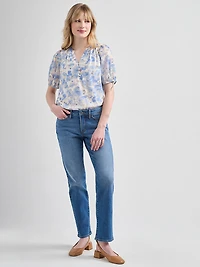 Stacey Short Sleeve Blouse with Button Detail Blue Floral