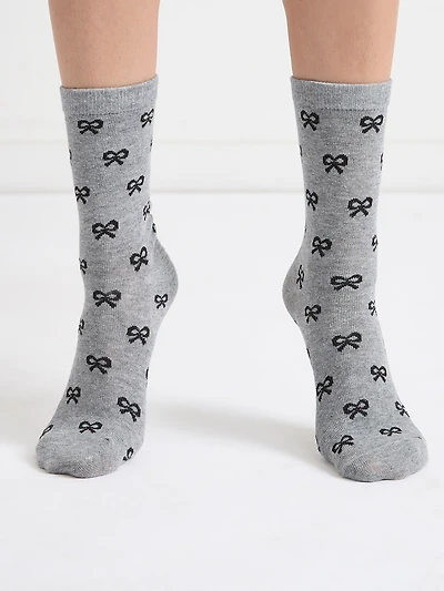 Black Bow Print Grey Crew Socks