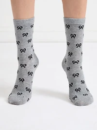Black Bow Print Grey Crew Socks