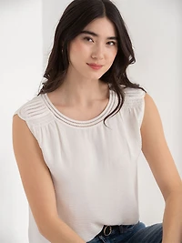 Sleeveless Blouse with Shoulder Trim Ivory