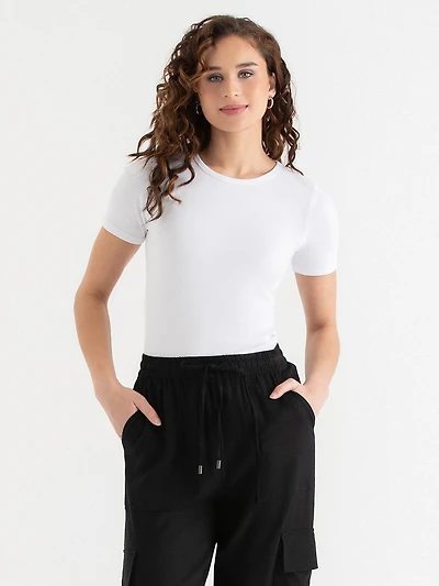 Short Sleeve Ribbed Crew Neck Top White