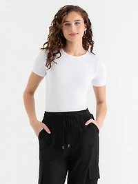 Short Sleeve Ribbed Crew Neck Top White