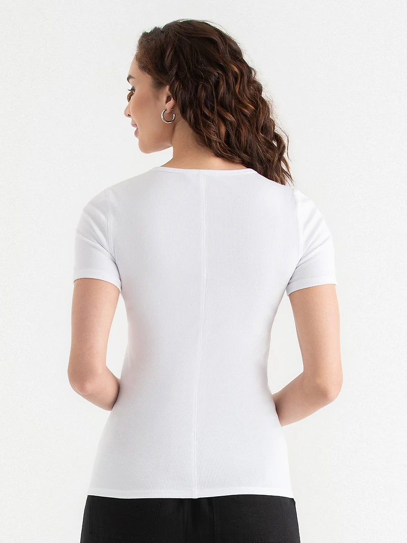 Short Sleeve Ribbed Crew Neck Top White
