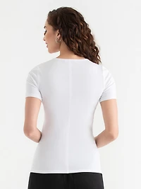 Short Sleeve Ribbed Crew Neck Top White