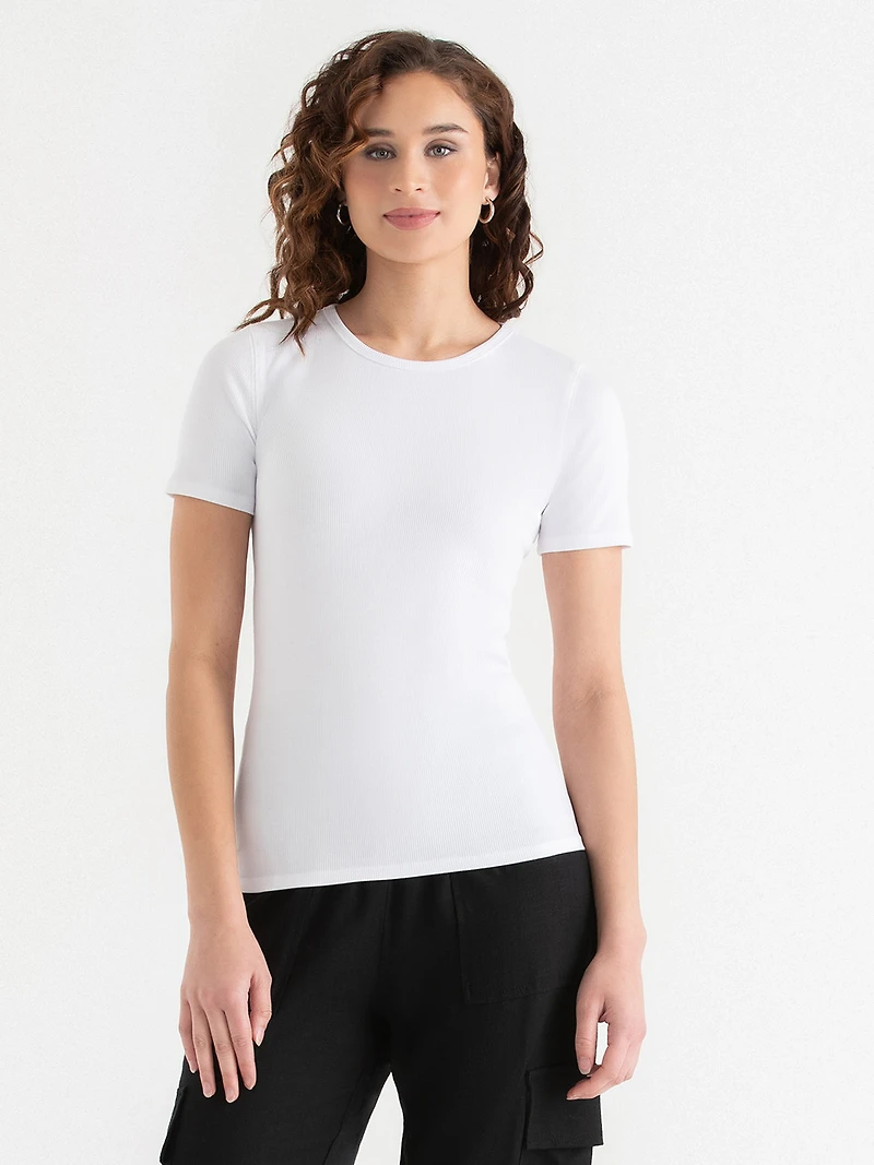 Short Sleeve Ribbed Crew Neck Top White