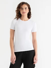 Short Sleeve Ribbed Crew Neck Top White