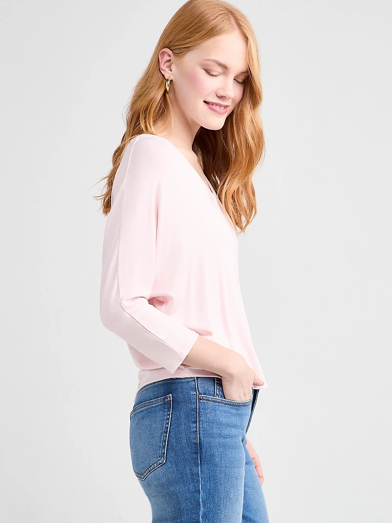 3/4 Sleeve V-Neck Hacci Top Petal