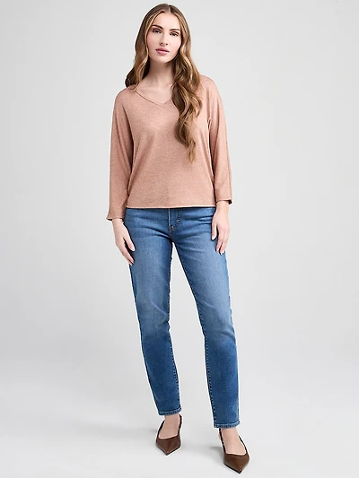 3/4 Sleeve V-Neck Hacci Top Cognac