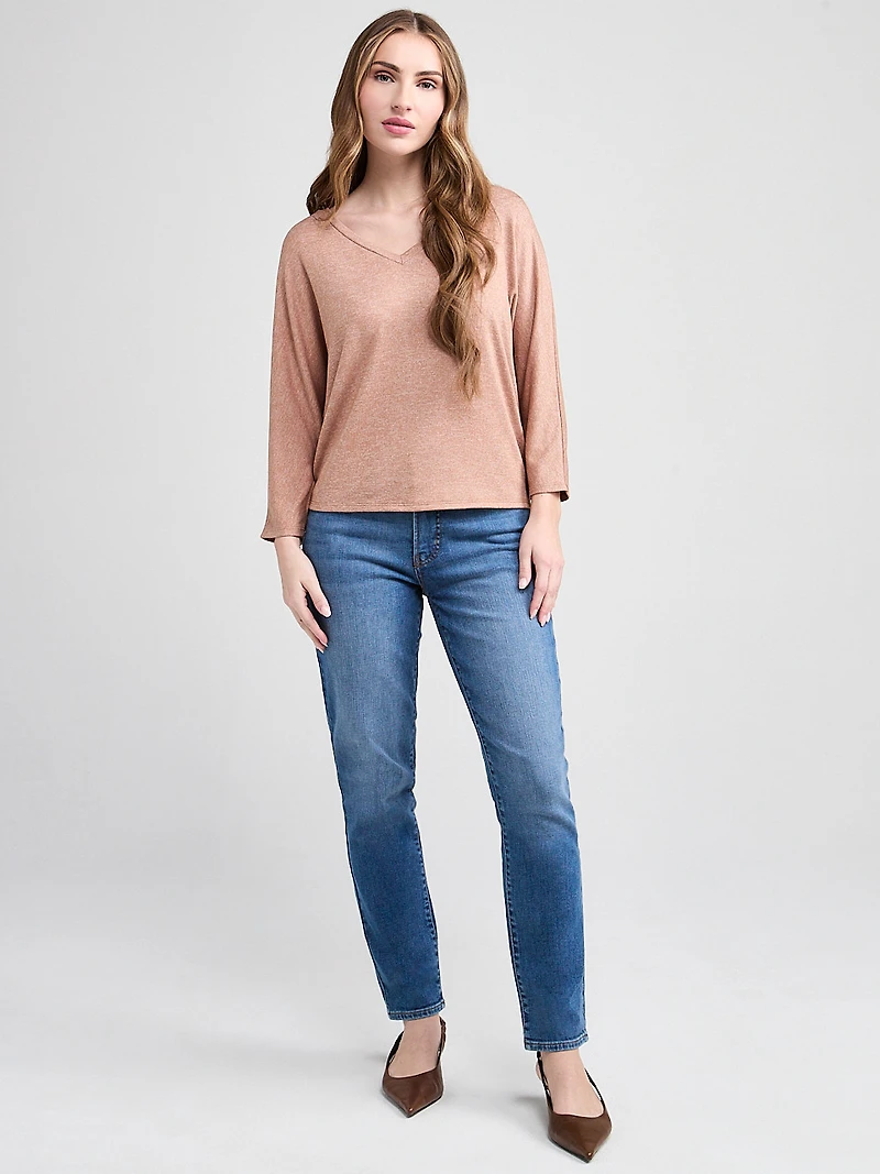 3/4 Sleeve V-Neck Hacci Top Cognac