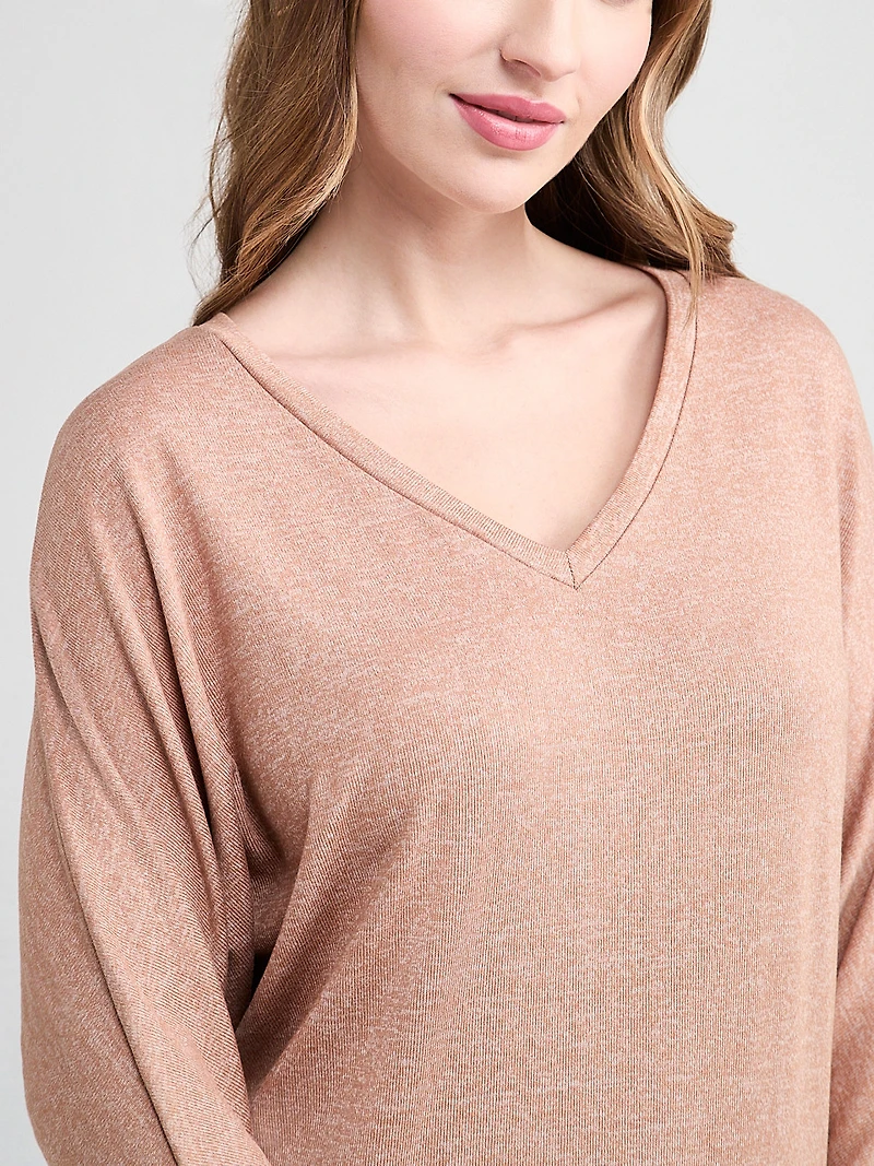 3/4 Sleeve V-Neck Hacci Top Cognac