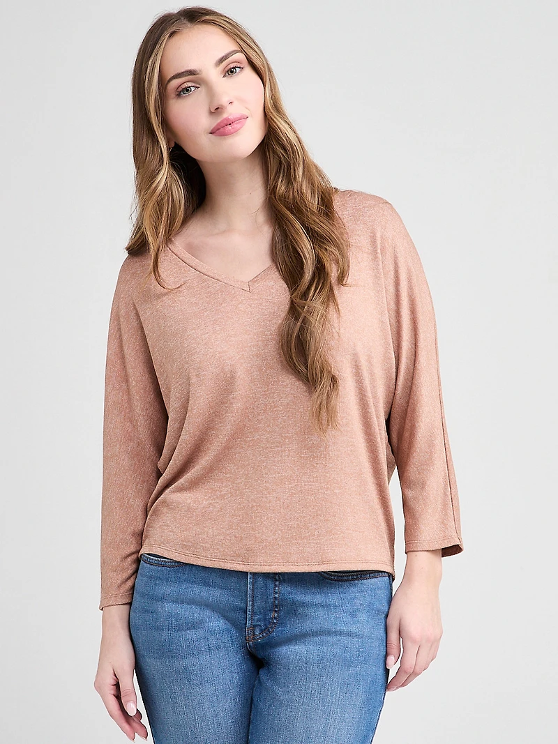 3/4 Sleeve V-Neck Hacci Top Cognac