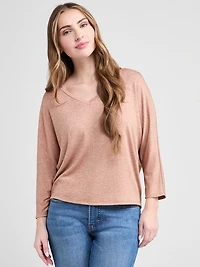 3/4 Sleeve V-Neck Hacci Top Cognac