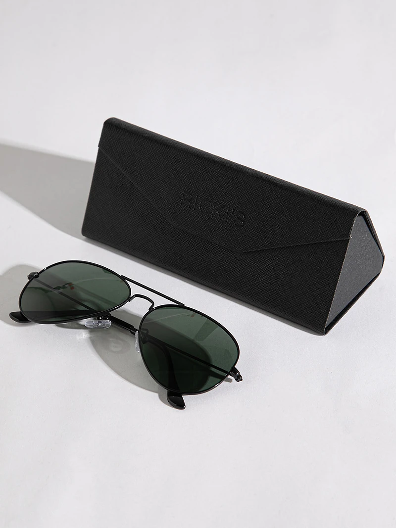 Black Aviator Frame and Green Lens Sunglasses with Case