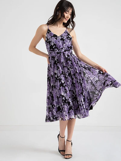 V-Neck Pleated Skirt Midi Dress Purple Floral