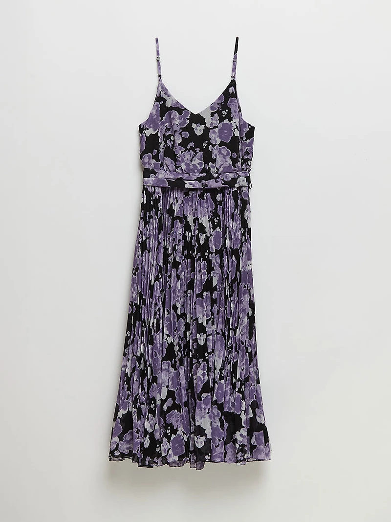 V-Neck Pleated Skirt Midi Dress Purple Floral