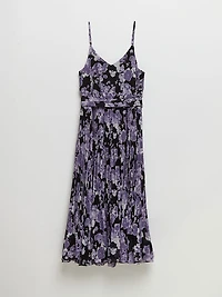 V-Neck Pleated Skirt Midi Dress Purple Floral