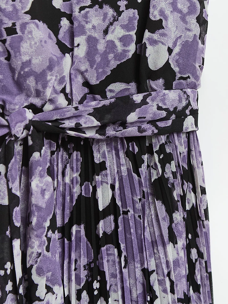 V-Neck Pleated Skirt Midi Dress Purple Floral