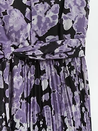 V-Neck Pleated Skirt Midi Dress Purple Floral