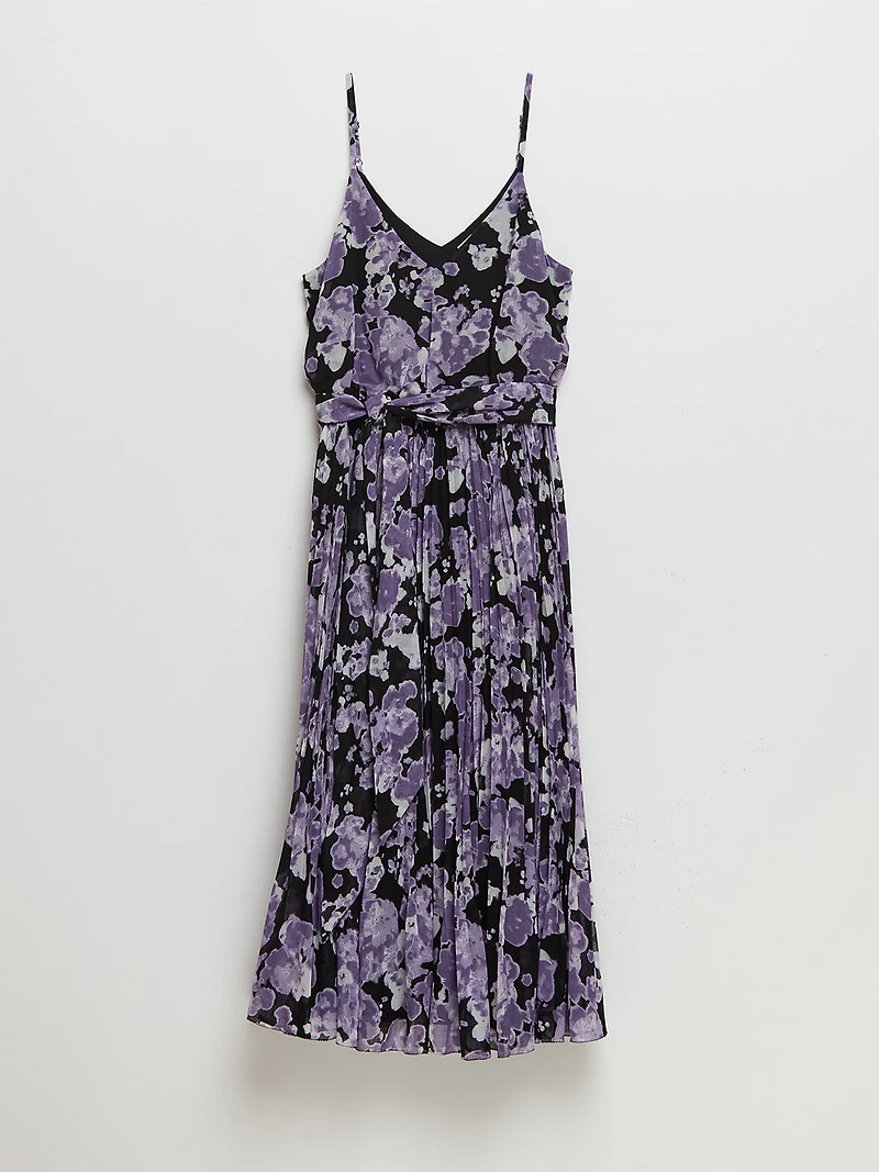 V-Neck Pleated Skirt Midi Dress Purple Floral