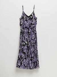 V-Neck Pleated Skirt Midi Dress Purple Floral