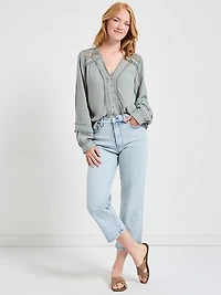 Long Sleeve Lace Trim Blouse Lilas