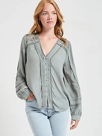 Long Sleeve Lace Trim Blouse Lilas