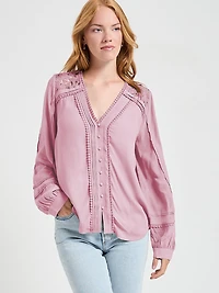 Long Sleeve Lace Trim Blouse Lilas