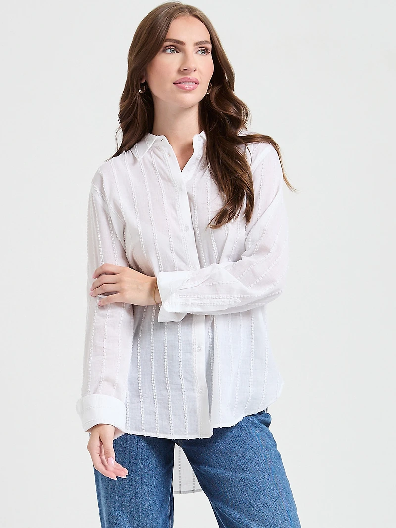Long Sleeve Textured Woven Shirt White