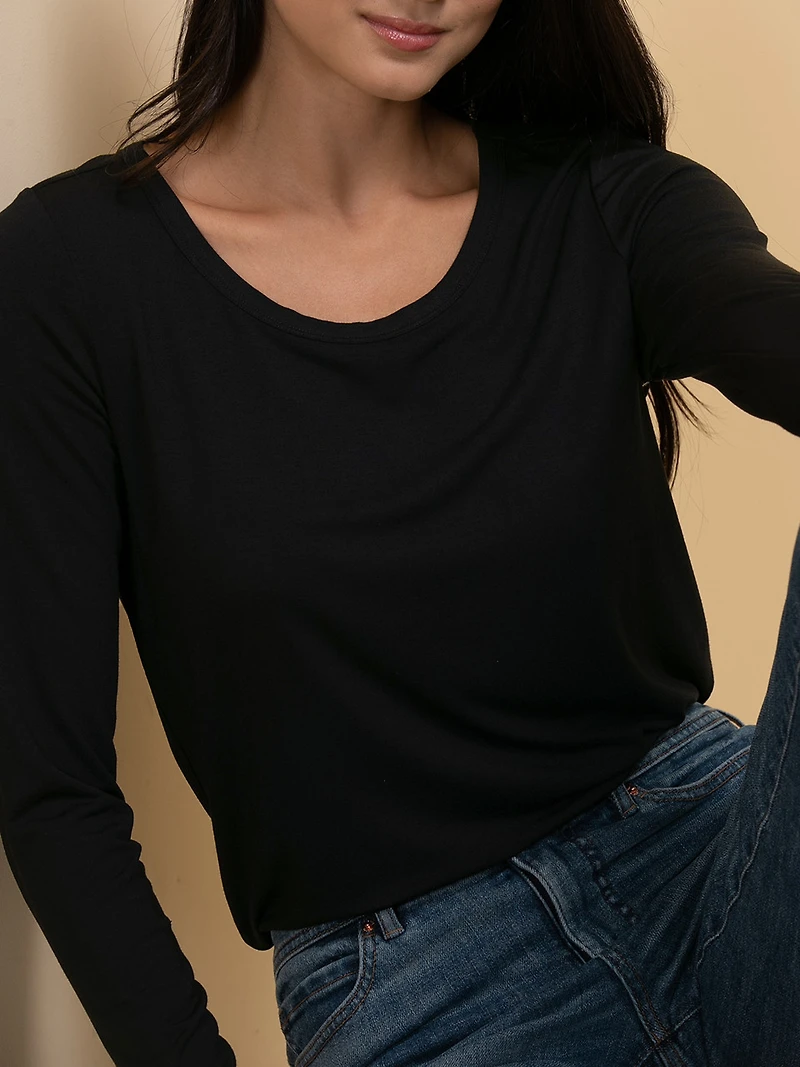 Modal Long Sleeve Scoop Neck Top Black