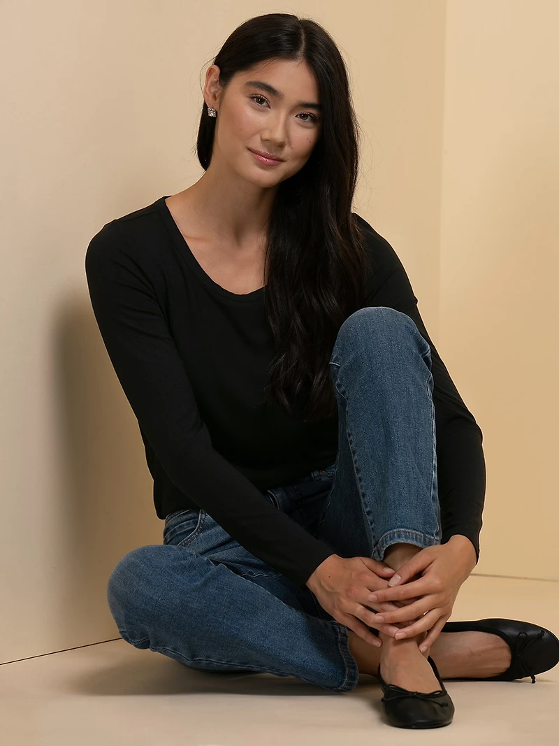 Modal Long Sleeve Scoop Neck Top Black