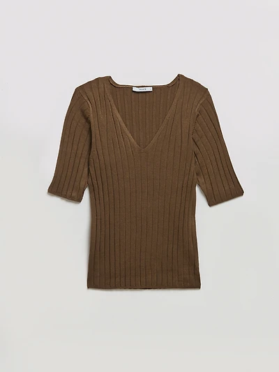 Elbow Sleeve V-Neck Sweater Shitake