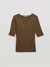 Elbow Sleeve V-Neck Sweater Shitake