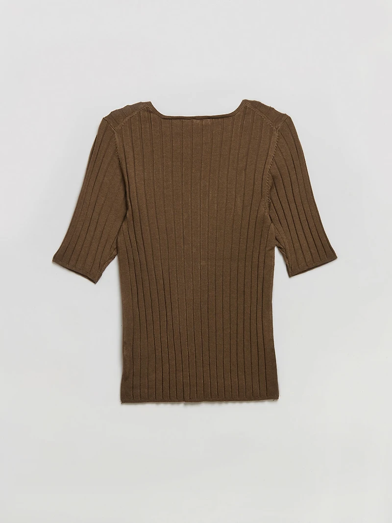 Elbow Sleeve V-Neck Sweater Shitake