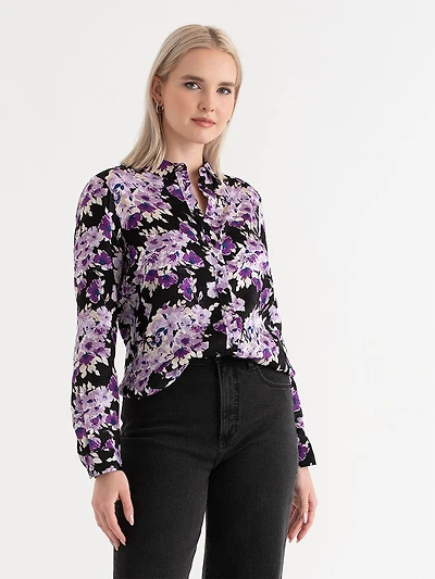 Long Sleeved Viscose Blouse Purple Floral