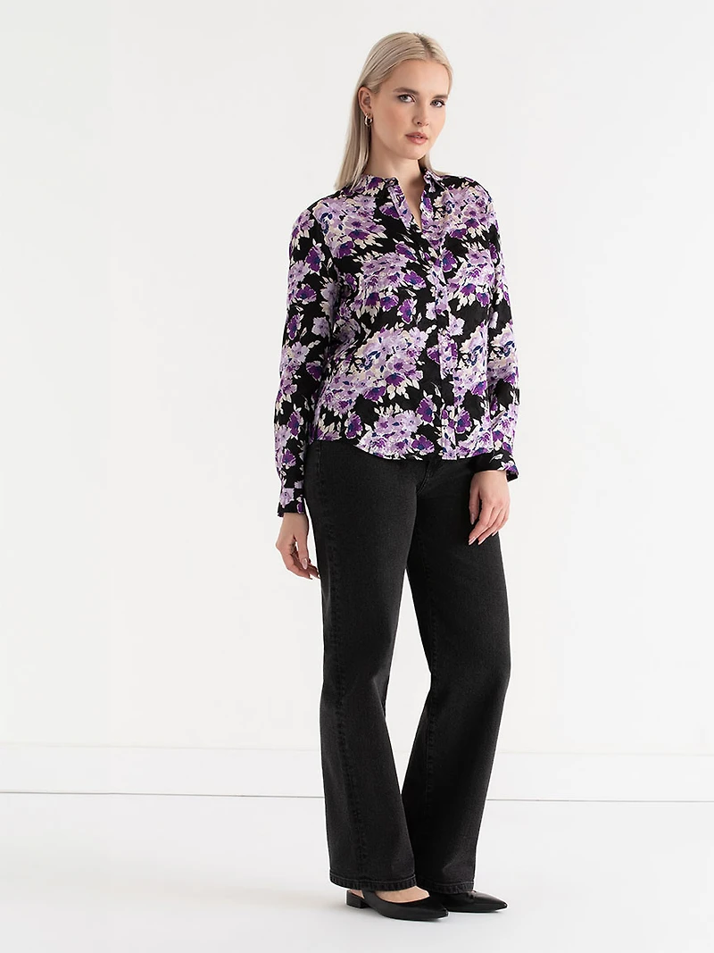 Long Sleeved Viscose Blouse Purple Floral