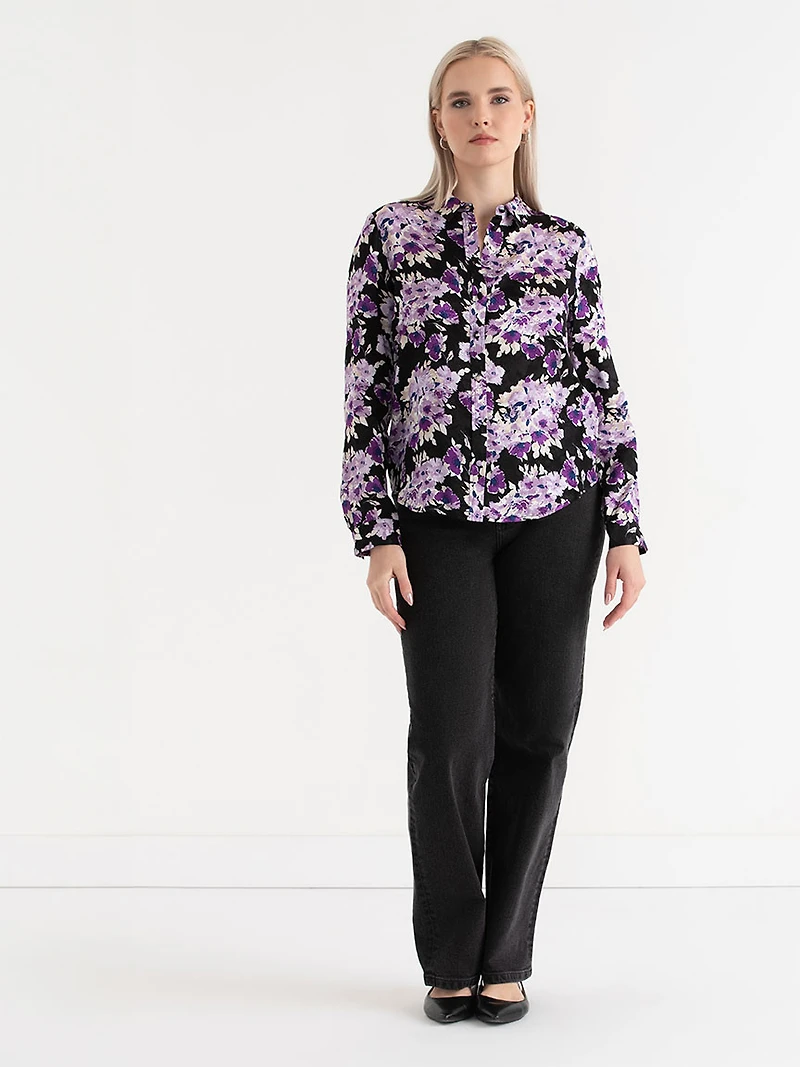 Long Sleeved Viscose Blouse Purple Floral