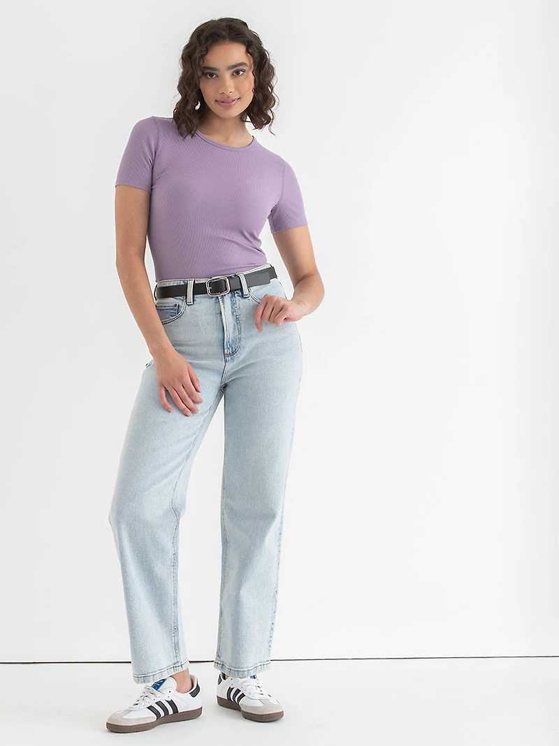 Short Sleeve Ribbed Crew Neck Top Dusk