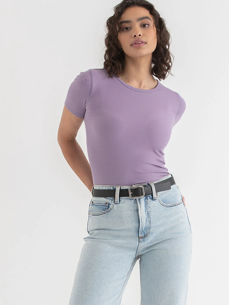 Short Sleeve Ribbed Crew Neck Top Dusk