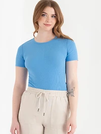 Short Sleeve Ribbed Crew Neck Top Azure Blue